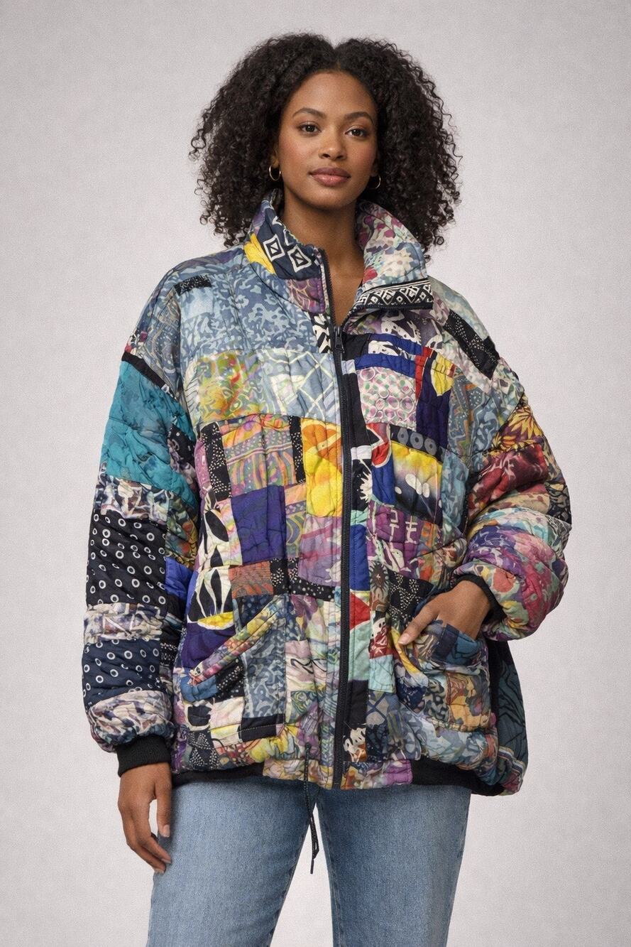 Handmade Patchwork Quilted Jacket - Multicolor Boho Coat L